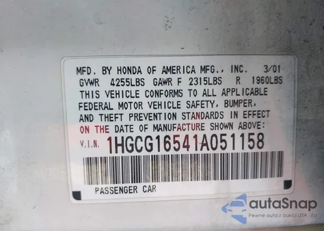 2001 Honda Accord 3.0 Ex z USA, uszkodzony, nr VIN 1HGCG16541A051158